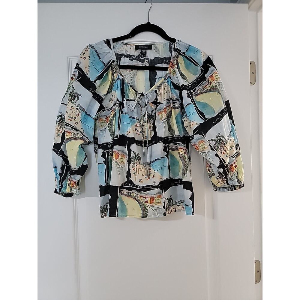 KAREN KANE‎ Travel-Themed Blouse Top Beach Scenes Boho Tie Neck Women's Size XS
